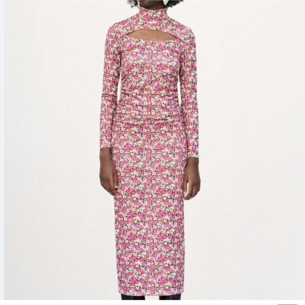 Zara Floral Ruched Cut Out Mock Neck Long Sleeve Midi Dress Pink Orange Womens S